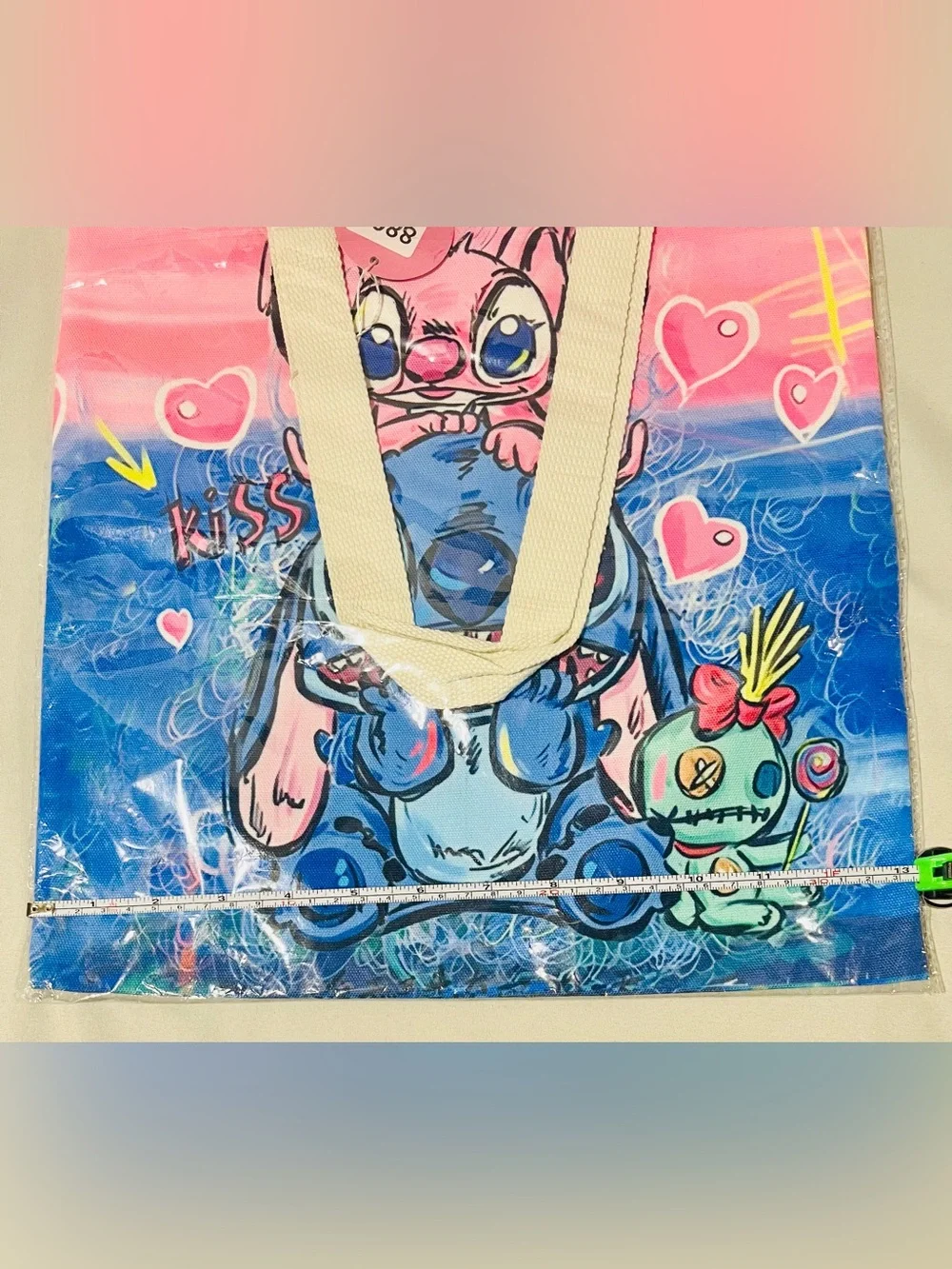 Angle & Stitch Pink and Blue Cartoon Character Tote Bag